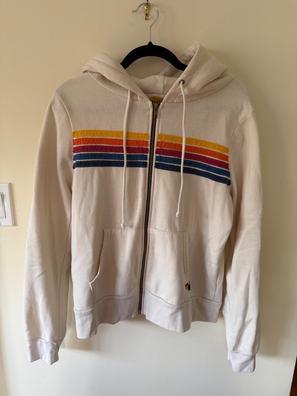Aviator Nation Cream Zip Hoodie with Yellow, Orange, Red, Pink & Blue Stripes